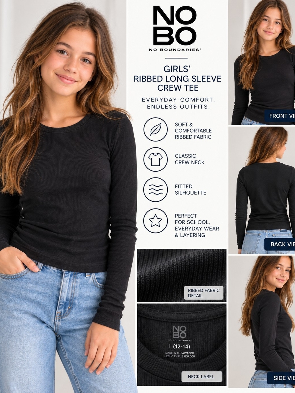 No Boundaries Black Ribbed Crew Neck Tee Shirt Size L 12-14 NWT